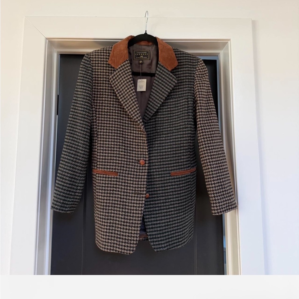 Wool Stylish Houndstooth Blazer with Suede Leather collar NWT XS